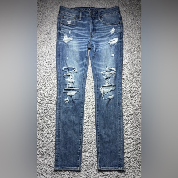 American Eagle Jeans Mens 31 Skinny Airflex Temp Tech Distressed Holes Grunge - Picture 1 of 6